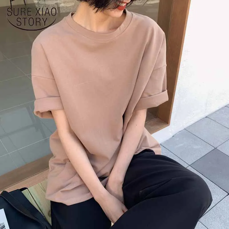

2021 Cotton Ladies Clothing New Solid Plus Size Women Tops And Blouse Short Sleeve Casual Loose O Neck Shirts Women 8779 50
