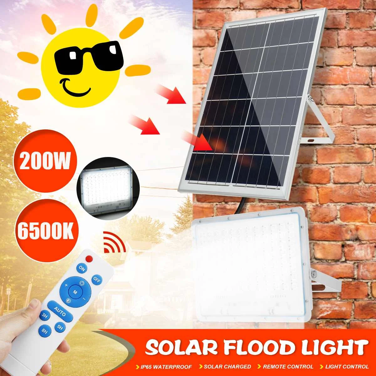 

200W 6500K Super Bright Solar Flood Lamp LED Light Outdoor Wall Street Lamp Waterproof Landscape Lighting with Remote Control
