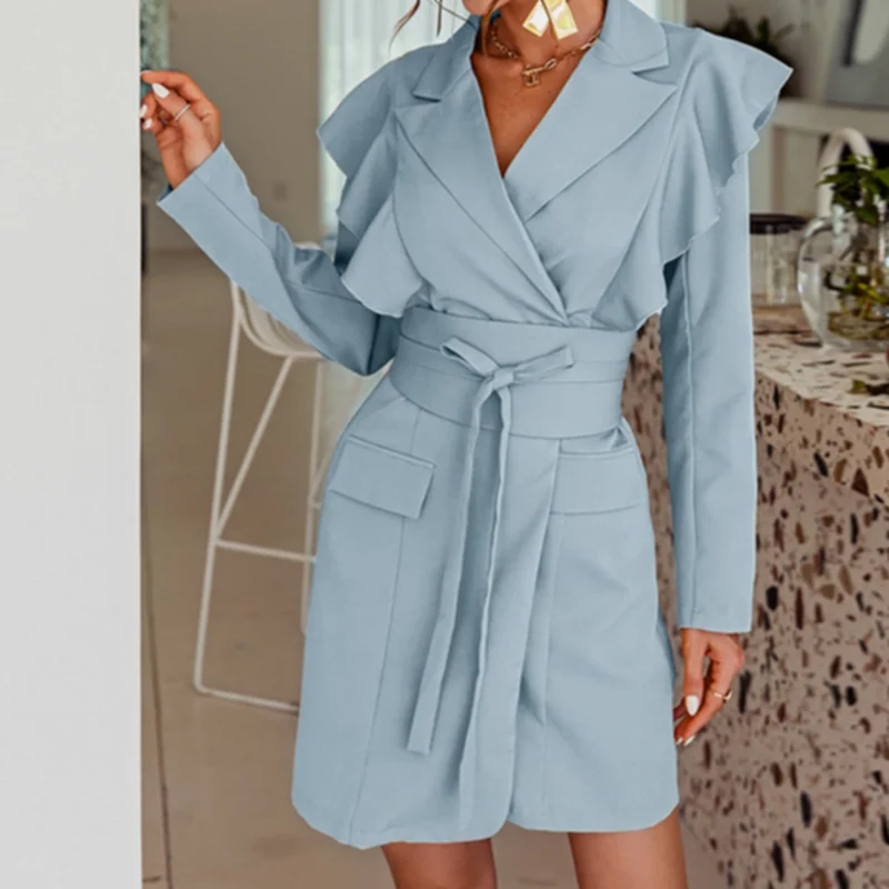

chic Yellow long sleeve elegant blazer dress Female ruffles bandage short dress Bodycon winter autumn party club dress aesthetic