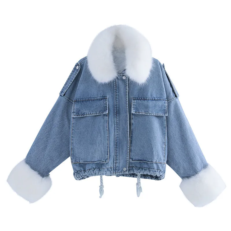 Hot Sale Pie Overcoming Denim Jacket Plus Plush Collar Denim Jacket for Ladies Velvet Denim Jacket Bubble Autumn Winter New