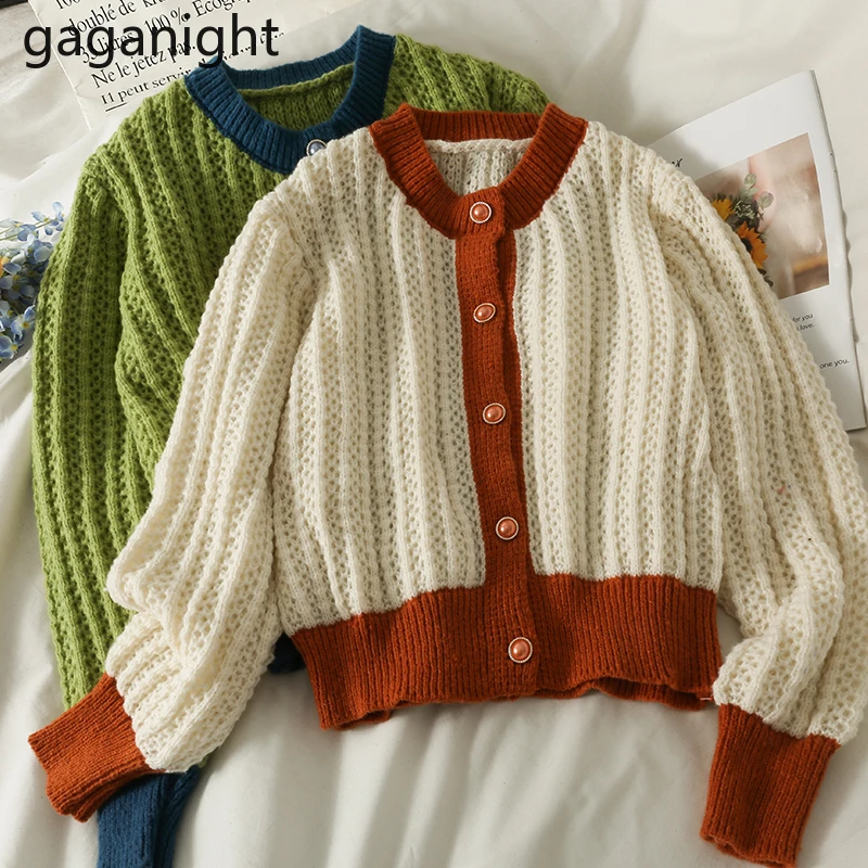 

Gaganight Модный женский кардиган контрастных цветов с длинными рукавами и круглым вырезом, верхняя одежда, топы, Прямая поставка, Осень-зима, оф...