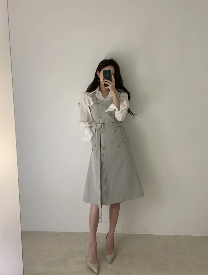 New Women Shirts Double Breasted Elegantlted Waist + Blouse Gray Braces White Shirt Black Suspenders 9704