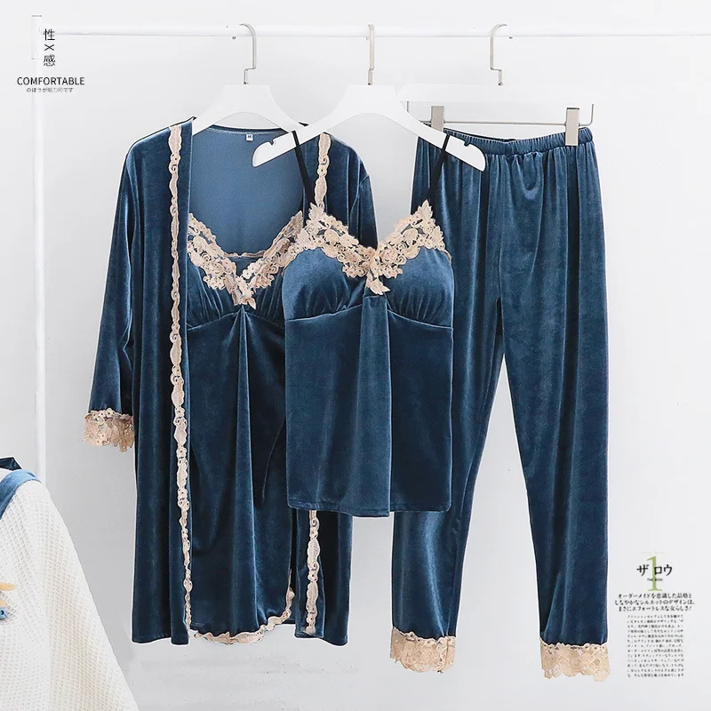 Золотой бархатный пижамный комплект ночная рубашка с длинными рукавами