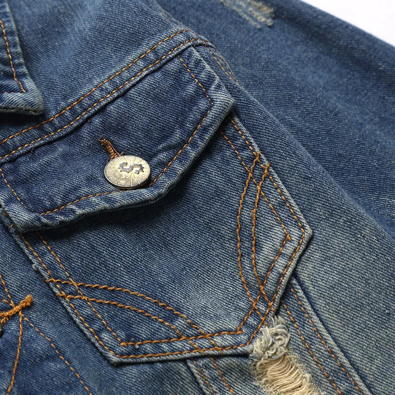 

European American Men's Fashion Straight Through Casual Denim Coat 2020 New Male Hole Slim Lapel Cowboy Jacket