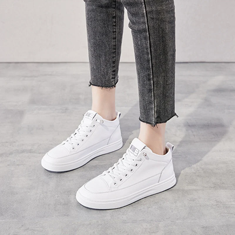 Genuine Leather Women Sneakers Autumn High Top Slip on Vulcanized Shoes Fashion Ladies Sports Casual White Platform Shoe Cowhide