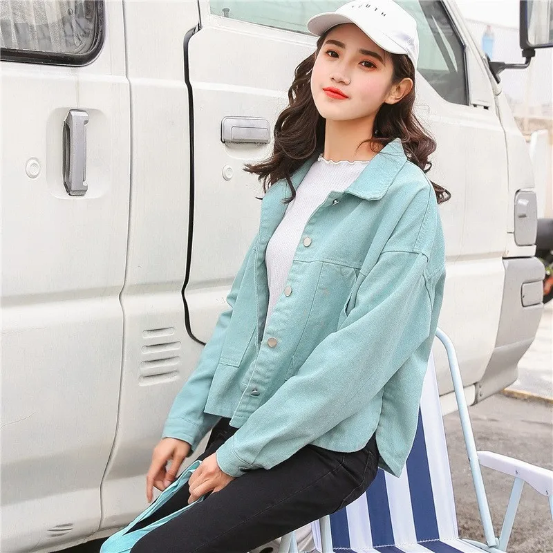 Женская джинсовая куртка Harajuka с вышивкой сзади широкой талией лацканами