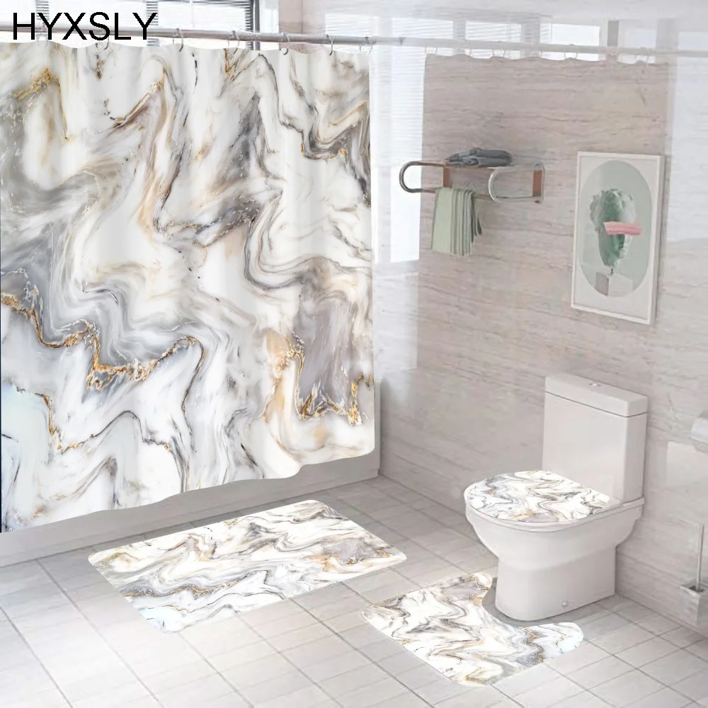 

Белая мраморная занавеска для душа, роскошная золотистая Современная с нескользящим ковриком, Фотоштора, водонепроницаемая Фотоштора x