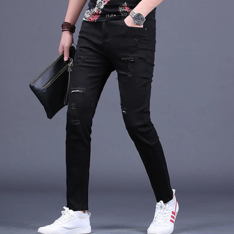 Summer Thin Black Ripped Jeans Men Streetwear Holes Slim Fit Pencil Pants