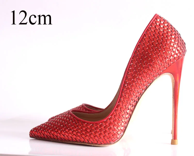 12CM red Женские туфли-лодочки из натуральной кожи на высоком каблуке; женские туфли на шпильке; Цвет серебристый, золотой, красный; вечерние и свадебные туфли; большие размеры 33-46 - Цвет: 12CM red