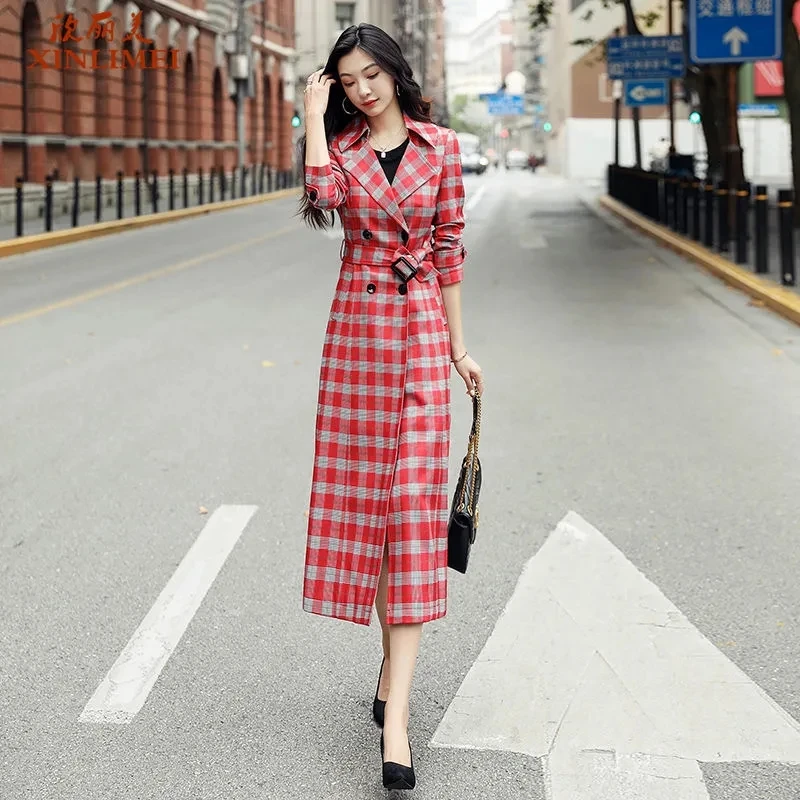 Женский Длинный Тренч в клетку красная ветровка с двойным рядом пуговиц осень |