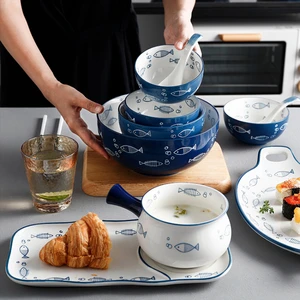 Japanese Style Handmade Ceramic Plate Dish Rice Bowl Fish Steak Dish Dessert Porcelain Plate Breakfast Dinner Tableware Set