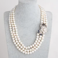 3 strands 8 9mm round white pearl cz connector necklace