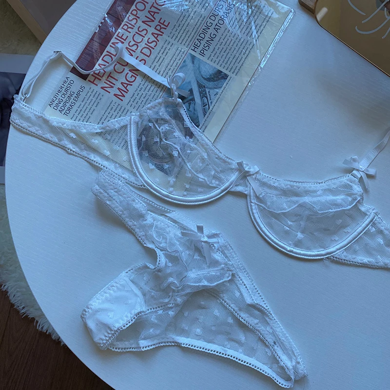 Sexy ultra-thin fairy underwear sets lace mesh intimate bow tie with steel ring gather underwear girl summer bralette panty