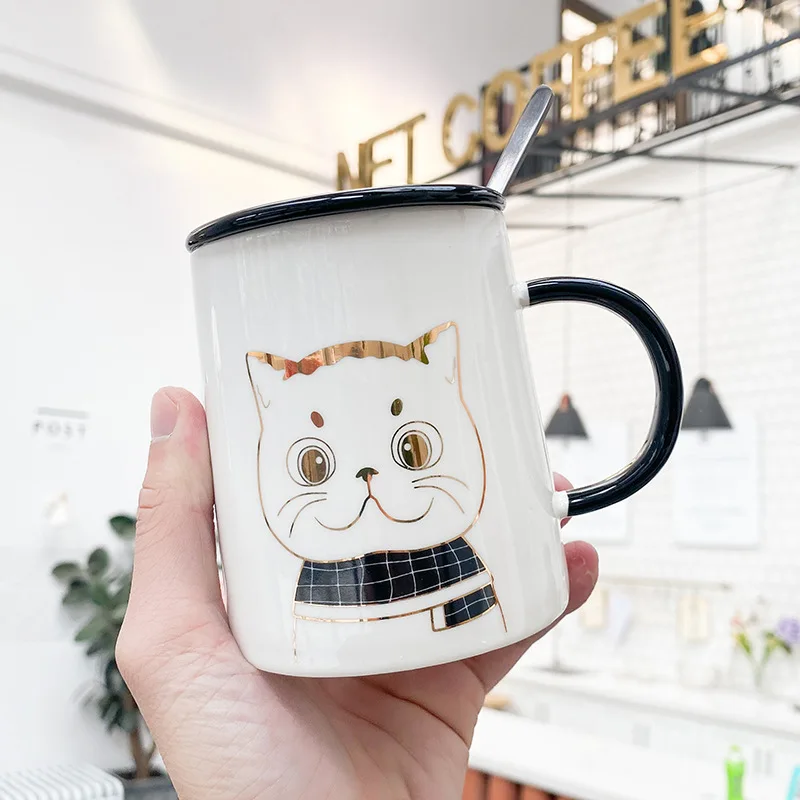 Ручная роспись золотые котята кружки с крышкой в виде ложки фарфоровая кофейная