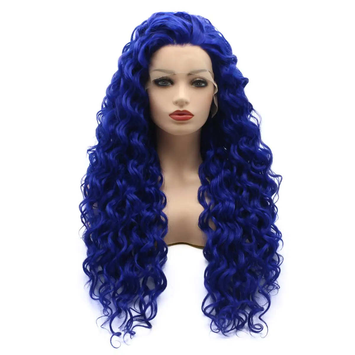 Jeelion Hair Curly Long 26inch Navy Blue Half Hand Tied Realistic Synthetic Lace Front Wigs