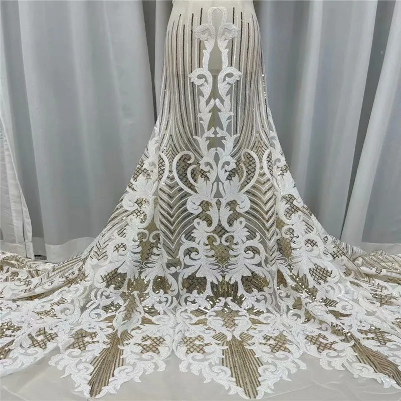 

Luxury Sequence Lace Fabric African Nigerian Net Lace with Sequins French Tulle Mesh Lace for Women Sequin Fabric Lace white