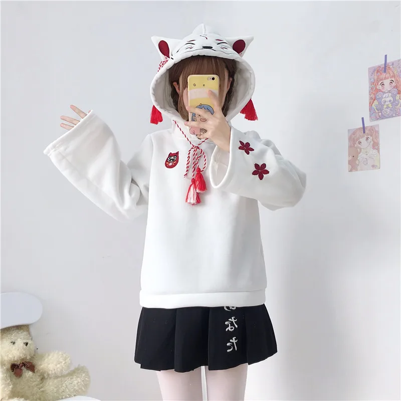 Японские милые уличные модные женские толстовки Harajuku Kawaii С лисьими ушками толстовка с капюшоном с вышивкой Сакура плюс бархатный пуловер Топы