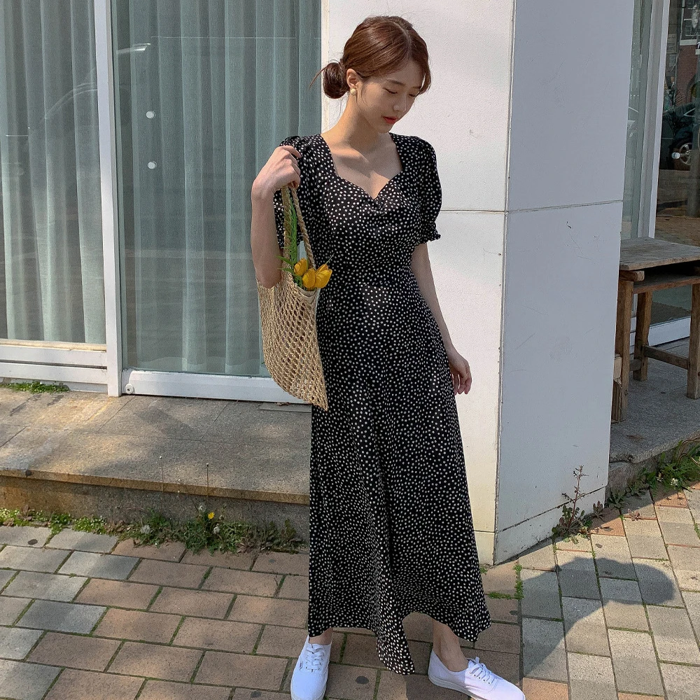 

Korean Chic French Minority Spring/Summer Bubble Sleeve Little Flower Printed Elegant Slimming High Waist Long Dress