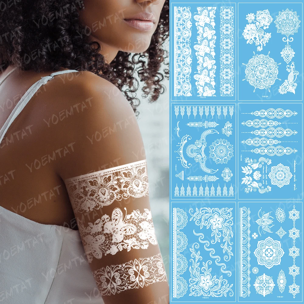 

Waterproof Temporary Tattoo Sticker Mandala Flower Butterfly White Lace Flash Tatoo Female Indian Henna Arm Body Art Fake Tatto