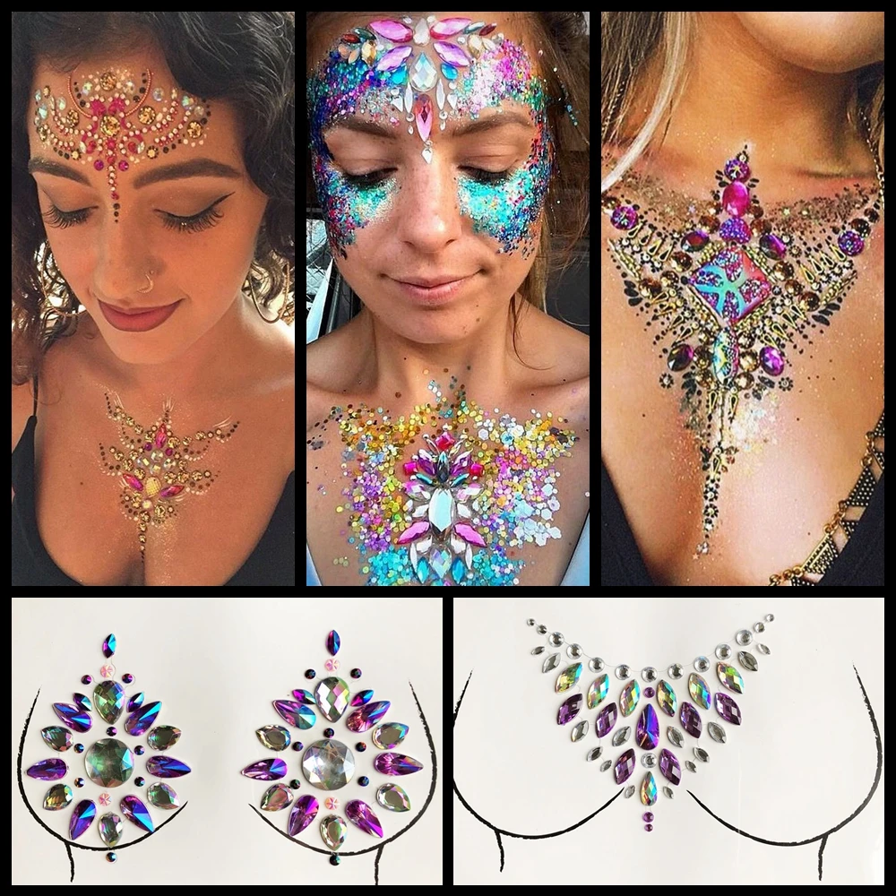 

Glitter Rhinestone Breast Decoration Jewels DIY Paste For Festival Party Flash 3D Diamond Nipple Sticker Women's Fashion Makeup