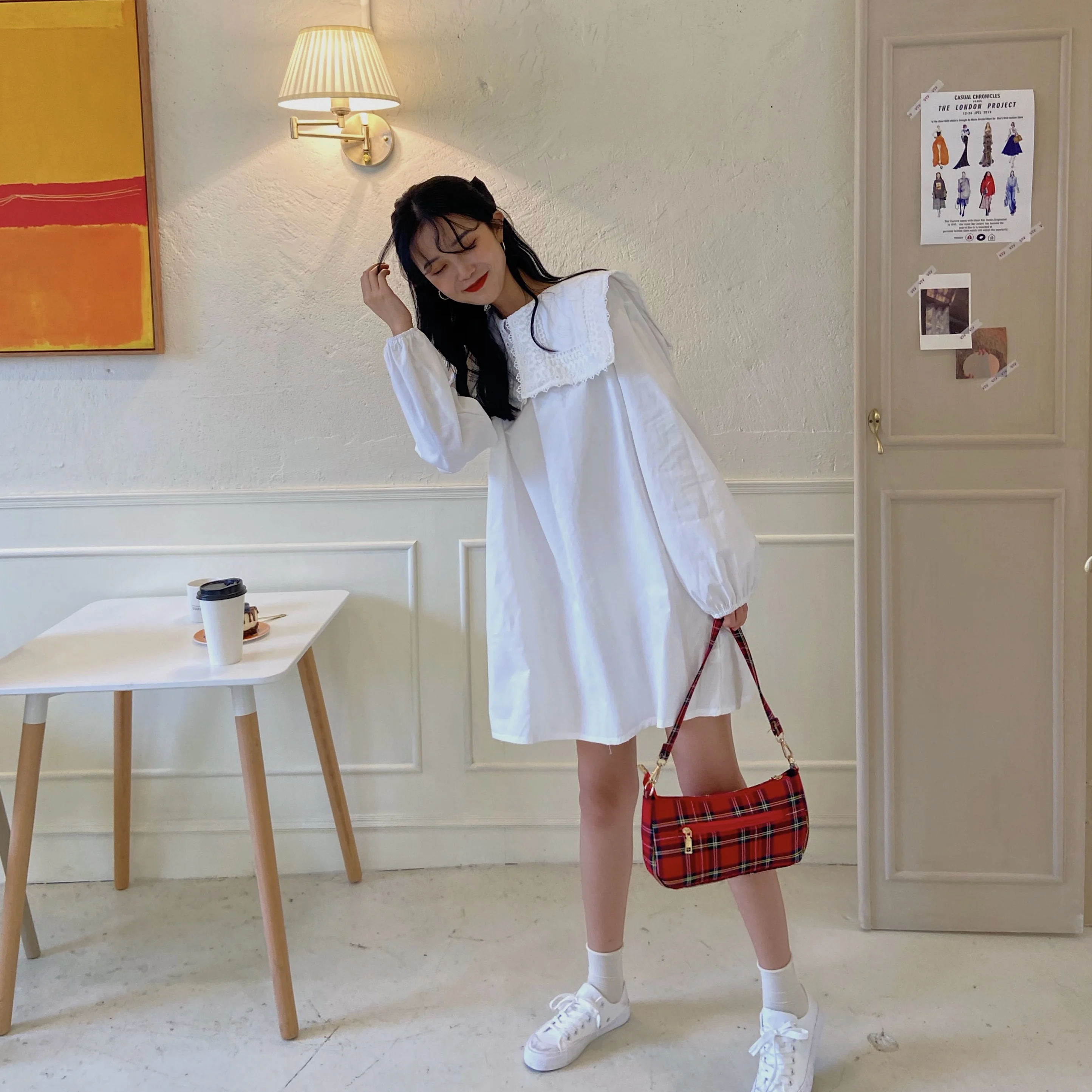 

Korean Fashion New Harajuku Women Dress Sweet Girl Flare Cute Sailor Collar Full Sleeve Dress Vintage Lace Puff Sleeve Dress