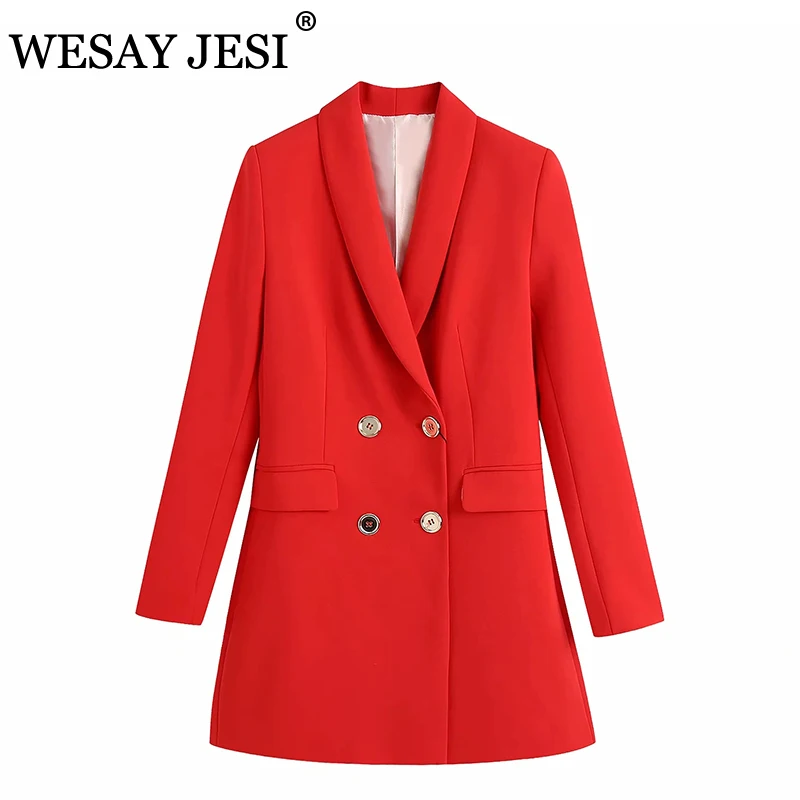 

WESAY JESI Women Fashion Commuter Office Long Double-breasted Red Blazer TRAF ZA Retro Chic Long Sleeve Pocket Women's Jacket