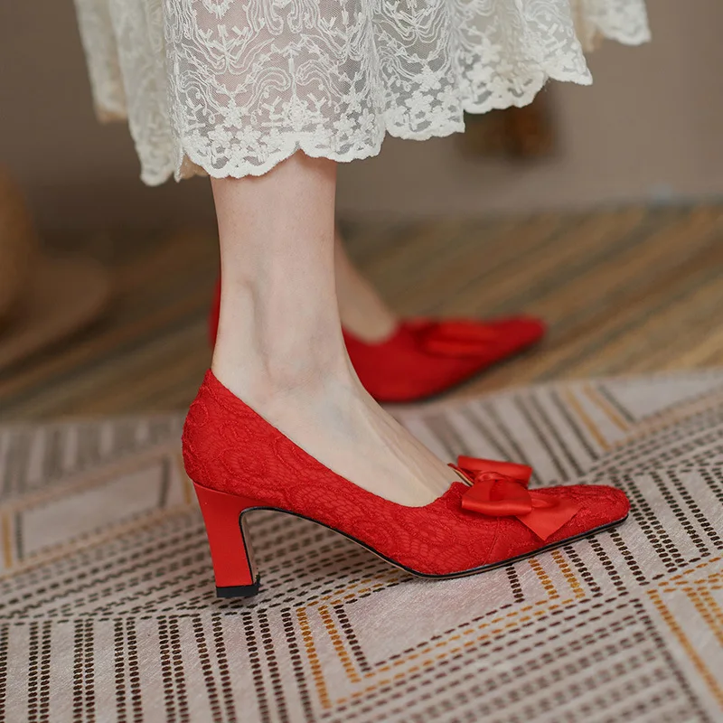 

White French high heels women's bow knot square toe satin wedding shoes 2021 thick heel elegant temperament