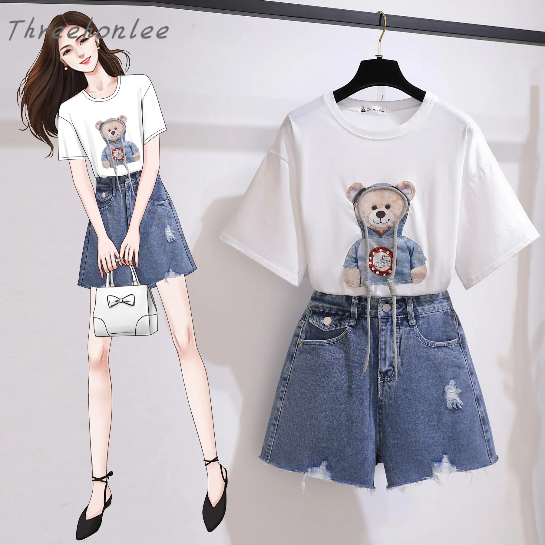 

2021 Summer Two piece Women Set Casual Solid Color Bear pattern O-Neck Shirt And Denim Shorts Jeans Sweet Female 2 Piece Suit