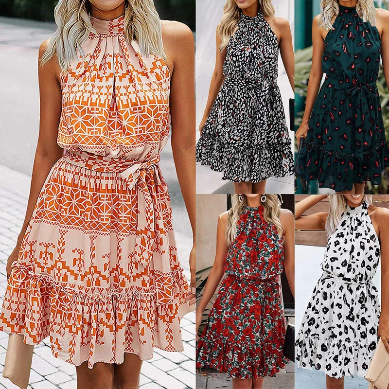 

Casual Plus Size Dresses Women Floral Printed Halter Strapless Ruffle Dress Fashion Summer Boho Holiday Sundress Mujer G1501