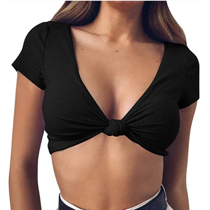 Women's Sexy Deep V Neck Tops Casual T Shirt Knot Front Short Sleeve Basic Tees Sleeveless Bow Strapped Camis Top | Женская одежда