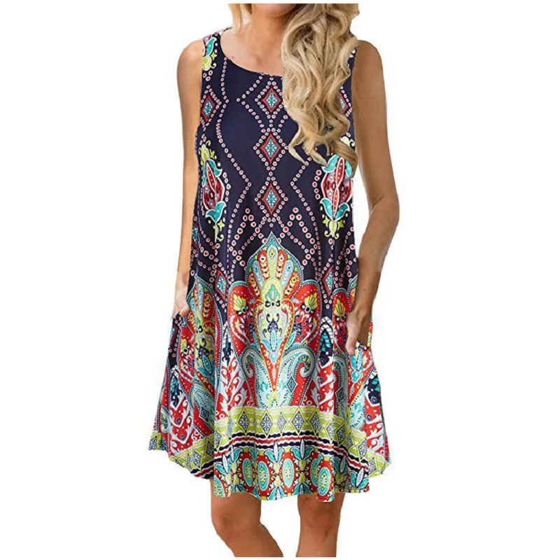 

Spring / summer 2021 new sleeveless element print pocket swing crew neck vest dress