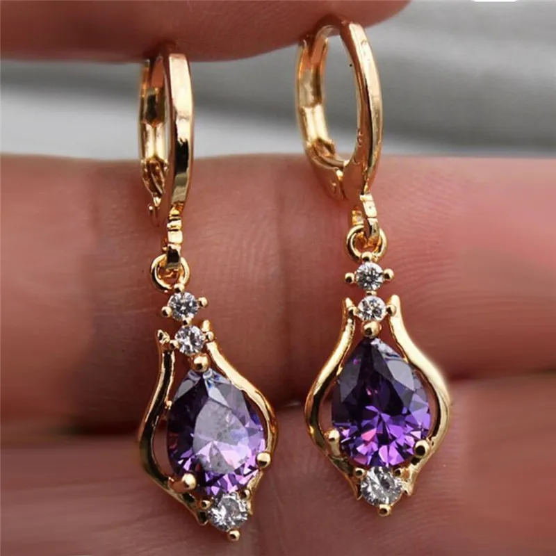 

Luxury Female Rainbow Crystal Long Earrings Cute Gold Color Hoop Earrings For Women Dainty Geometric Zirconia Wedding Jewelry