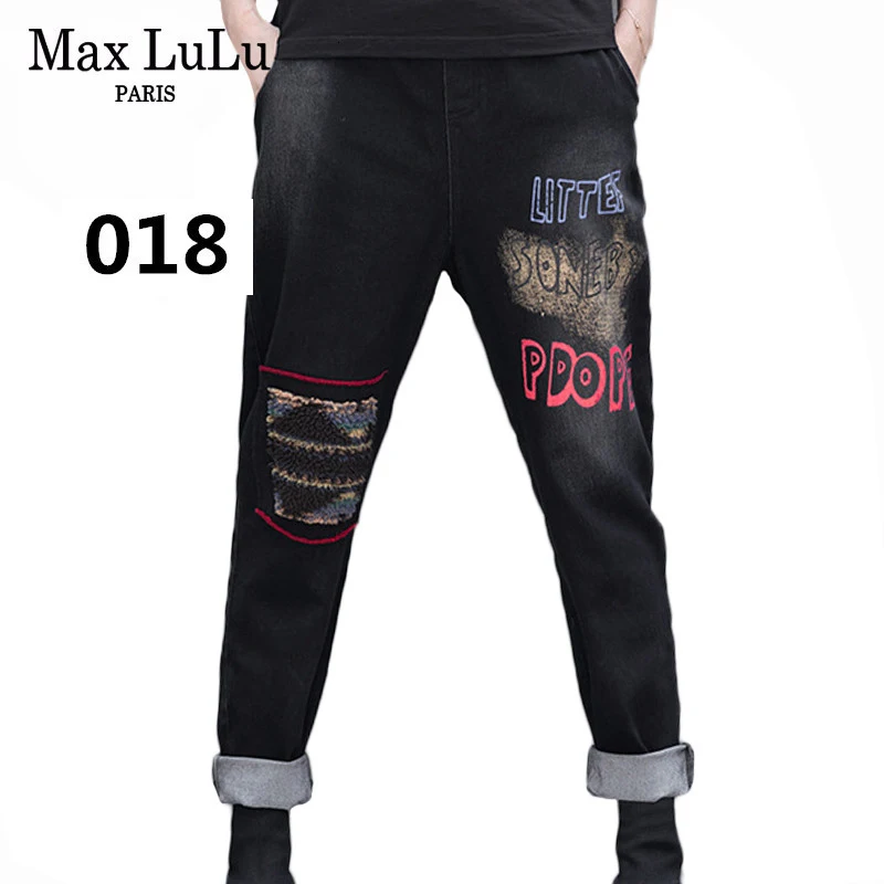 Max LuLu Роскошные корейские стильные женские винтажные панк уличные женские рваные джинсы черные брюки женские джинсовые брюки размера плюс