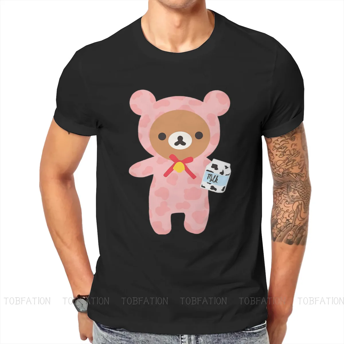 

Rilakkuma Strawberry Cow T Shirt Vintage Fashion Summer Big size Cotton Men's Clothing Harajuku O-Neck TShirt