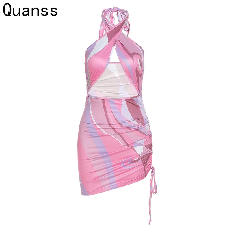 

Quanss с лямкой на шее Открытое платье без рукавов для женщин пикантные Открытое платье без рукавов с открытой спиной облегающее вечерние Клуб...