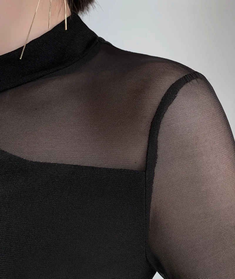 Новинка весны 2020 модная прозрачная футболка женская черная Лоскутная с длинным