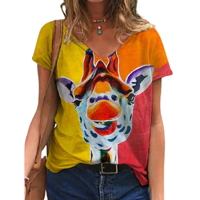 

Plus Size Animal Print Shirt Tees Women Summer Casual V Neck Fashion Pullover Loose Vintage Cute Short Sleeve Tshirt Top Clothes