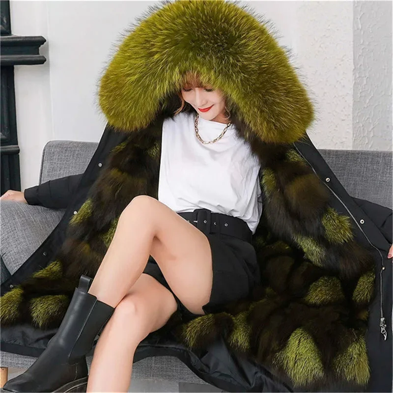 M-5XL Haining 2021 New Parkas Female Fox Hair Mid-Length Detachable Liner Imitation Fur Coat Women Warm Outer Wear Street Black