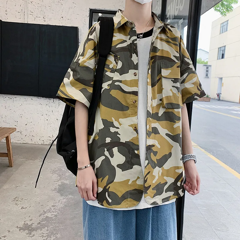 

Мужская рубашка с отложным воротником, камуфляжная, дышащая, с короткими рукавами, в стиле ретро