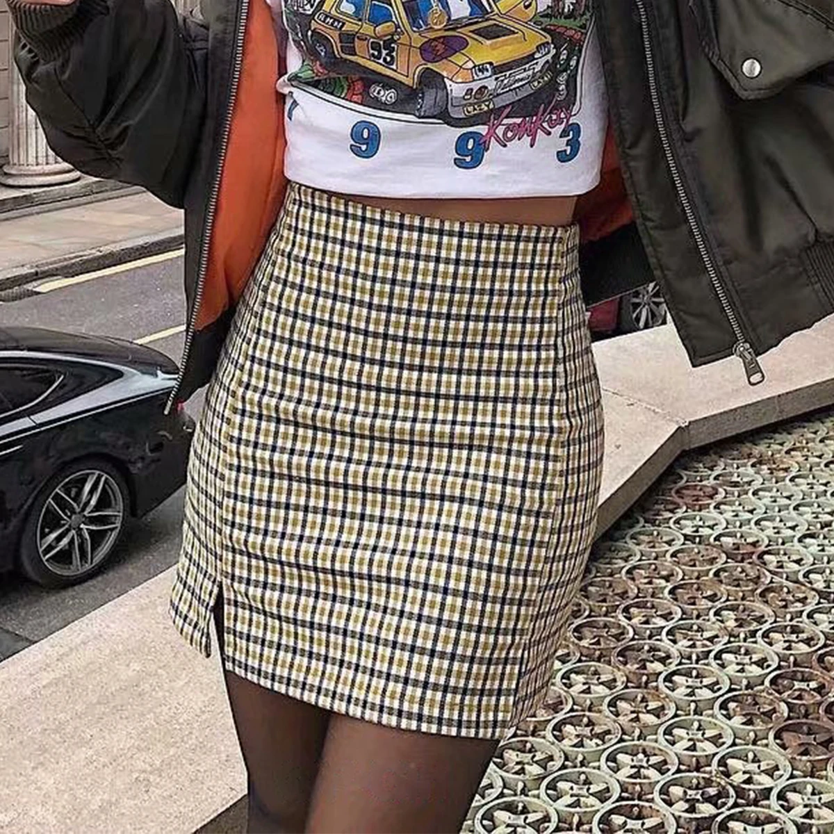 

Женская клетчатая юбка, винтажная желтая Повседневная мини-юбка на молнии с высокой талией, Y2k, пикантная облегающая юбка для улицы, лето 2021