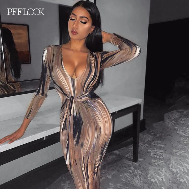 PFFLOOK 2019 осеннее облегающее сексуальное Вечерние платье для женщин с v образным