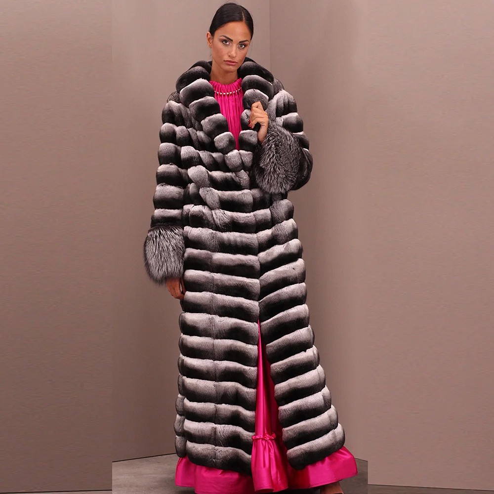 2022 Winter Real Rex Rabbit Fur Coat Lapel Collar 130cm Long Women Genuine Rex Rabbit Fur Coats with Silver Fox Fur Sleeve Cuffs