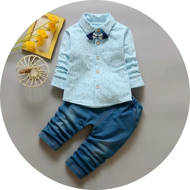 

Весенние комплекты для младенцев, рубашка с длинным рукавом и отворотами в горошек, штаны, 2 шт./компл., для мальчиков, джентльменская одежда, костюмы для отдыха