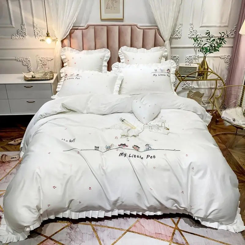 

Pink White Egyptian Cotton Ultra Soft Luxury Bedding set for Girls Women Queen King size Cute Embroidery Duvet Cover Bed sheet
