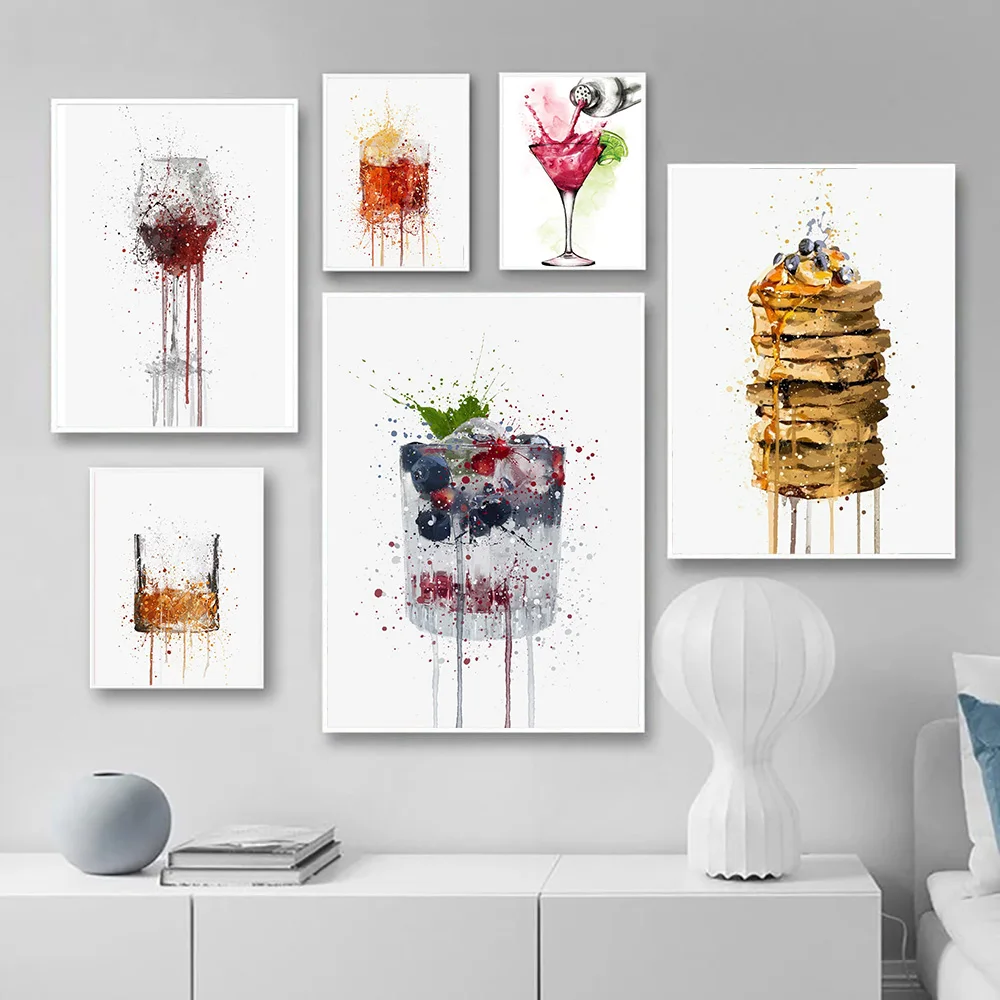 

Cake Wine Coaktail Poster Splash Effect Abstract Food Print Canvas Art Painting Wall Picture Modern Living Room Decor
