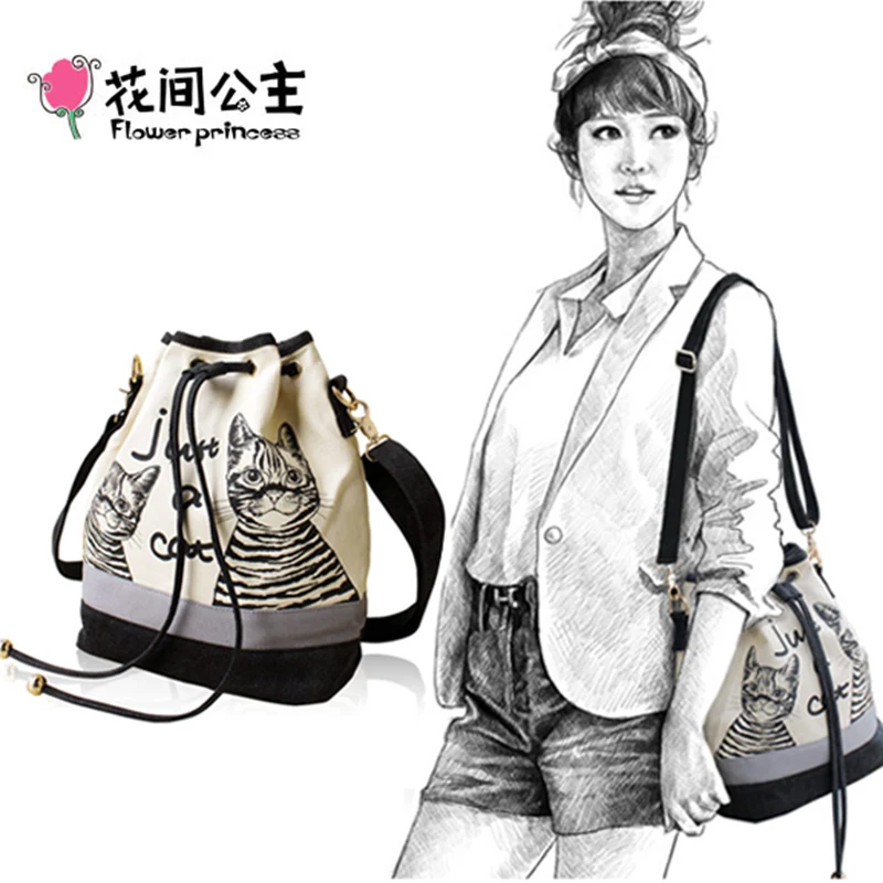 Холщовый Рюкзак принцессы с цветочным принтом для девочек кота на шнурке