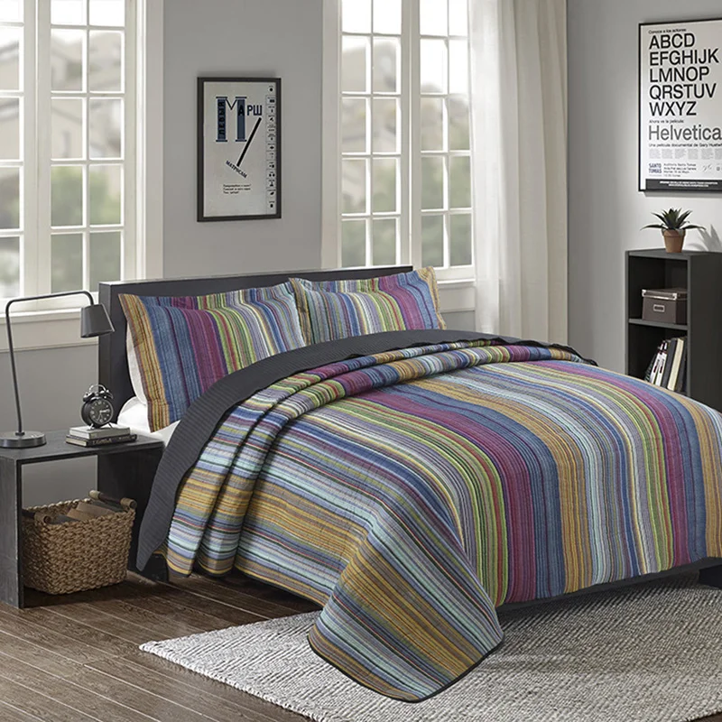 

Quilt Set 3pcs Thick Bedspread Rainbow Stripe Printed Quilts quilted Bed Cover Pillowcase King Queen Size Coverlet Summer Blanke