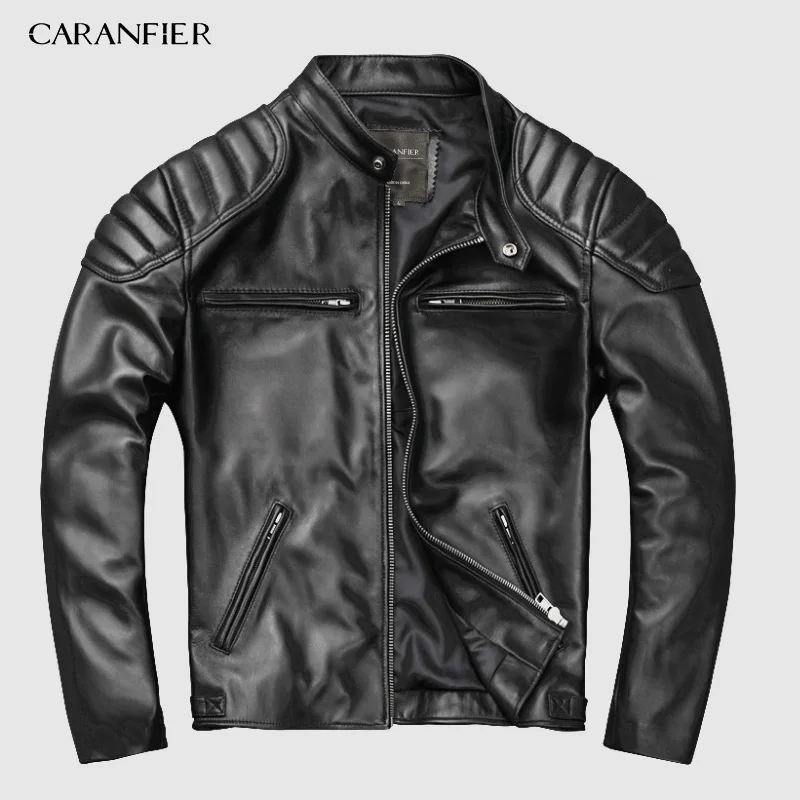 Sheepskin CARANFIER/, винтажная куртка из натуральной кожи, мужские куртки из телячьей кожи, черная мото одежда, мужская байкерская куртка, кожаное тонкое пальто для мальчиков - Цвет: Sheepskin