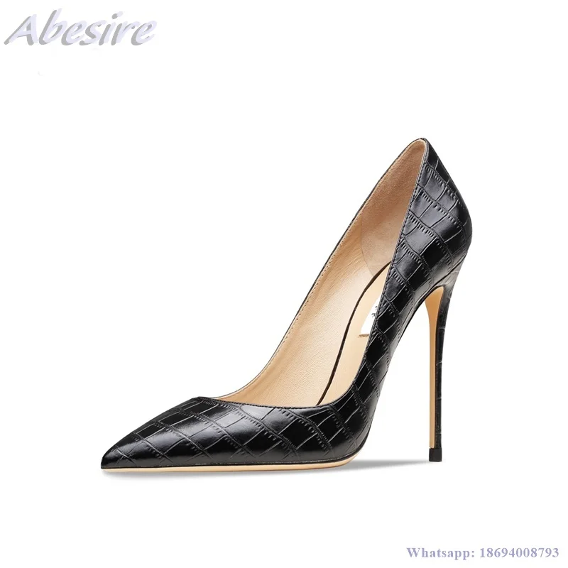 Abesire New Genuine Leather Women Black Pumps Alligator Print Pointed Toe Thin Heel Spring Green Shoes For Women zapatos mujer