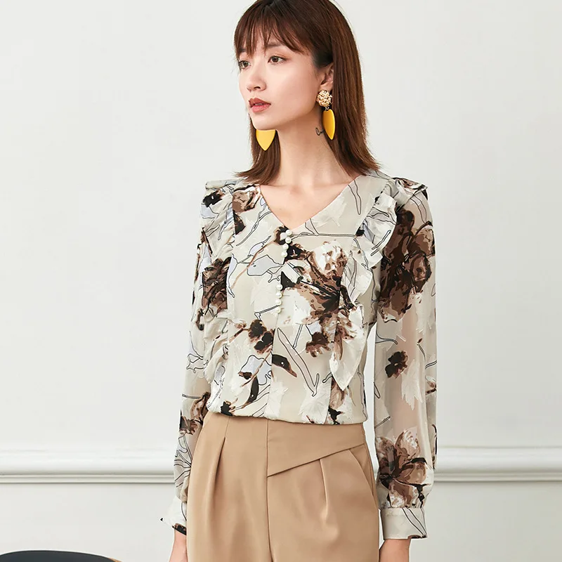 Женская шифоновая рубашка с v образным вырезом и рукавами фонариками на осень